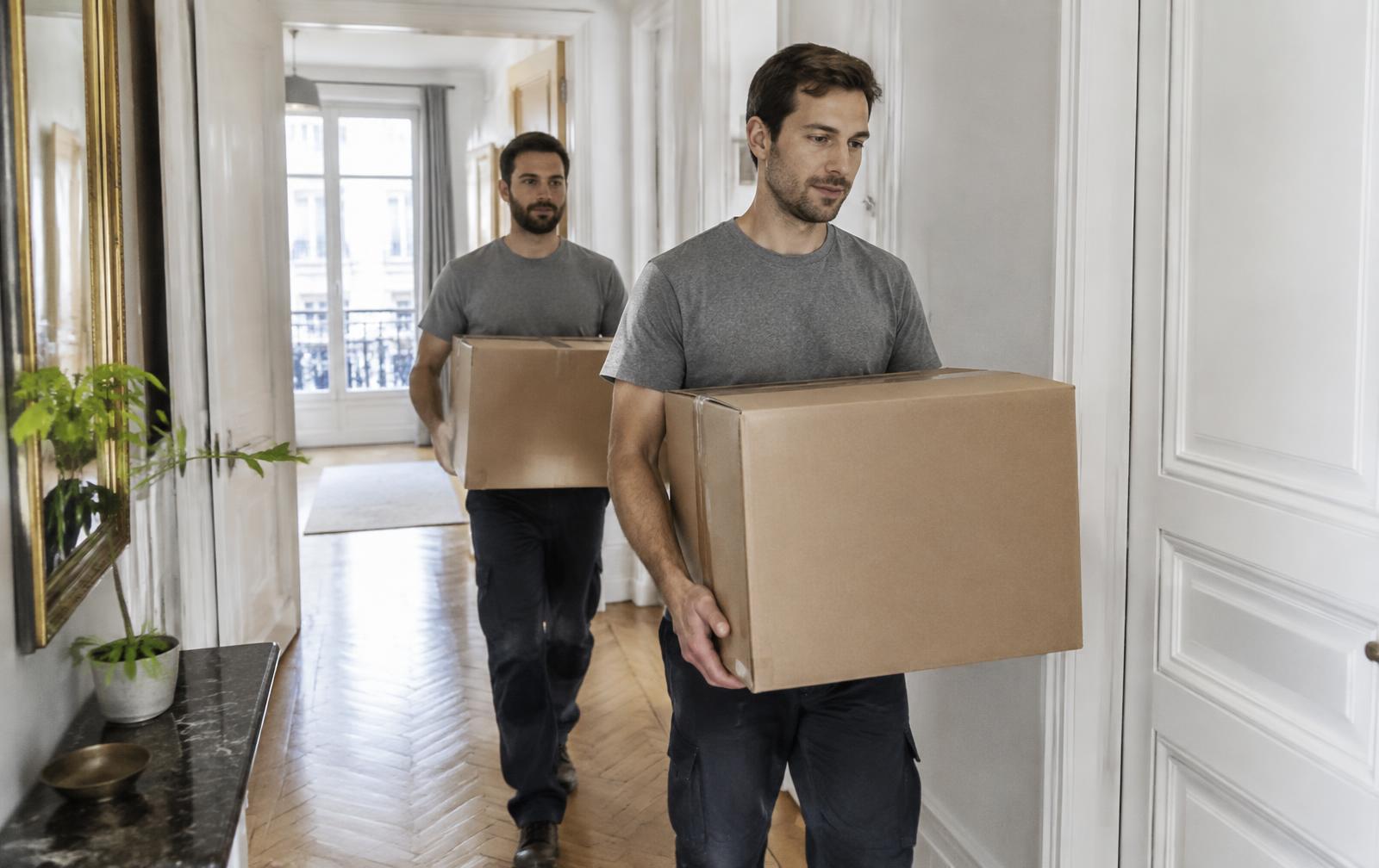 Deux déménageurs portent des cartons dans le couloir d'un appartement