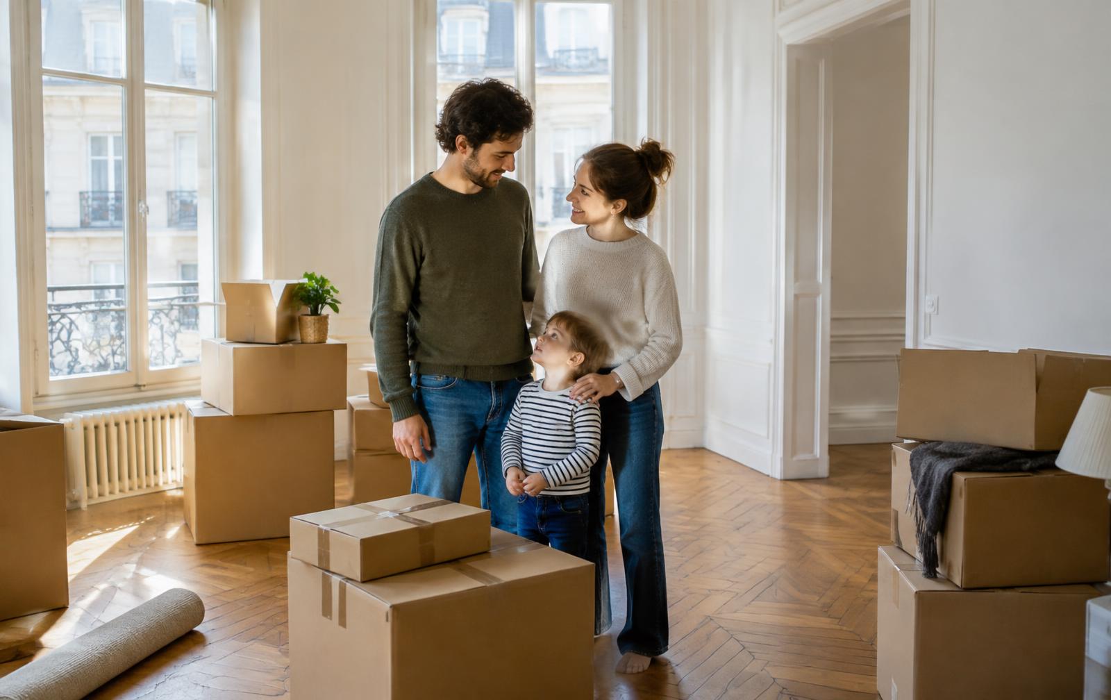 Famille avec un enfant dans un appartement vide le jour du déménagement